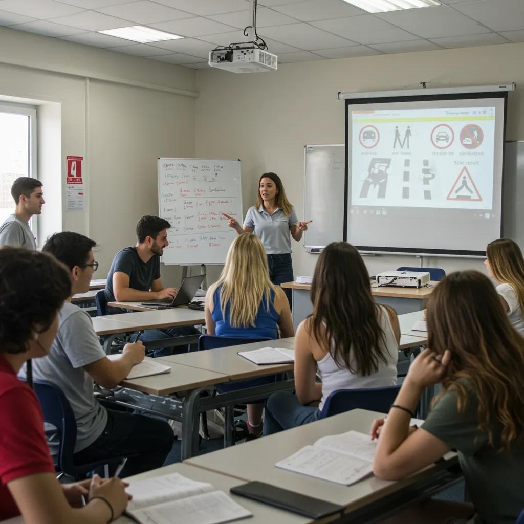A diverse group of students actively participating in a New York driving course led by an instructor.