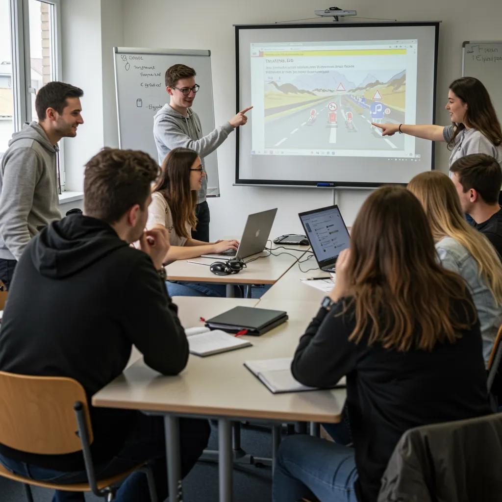 A diverse group of young adults actively participating in a driver's education course, emphasizing learning and teamwork