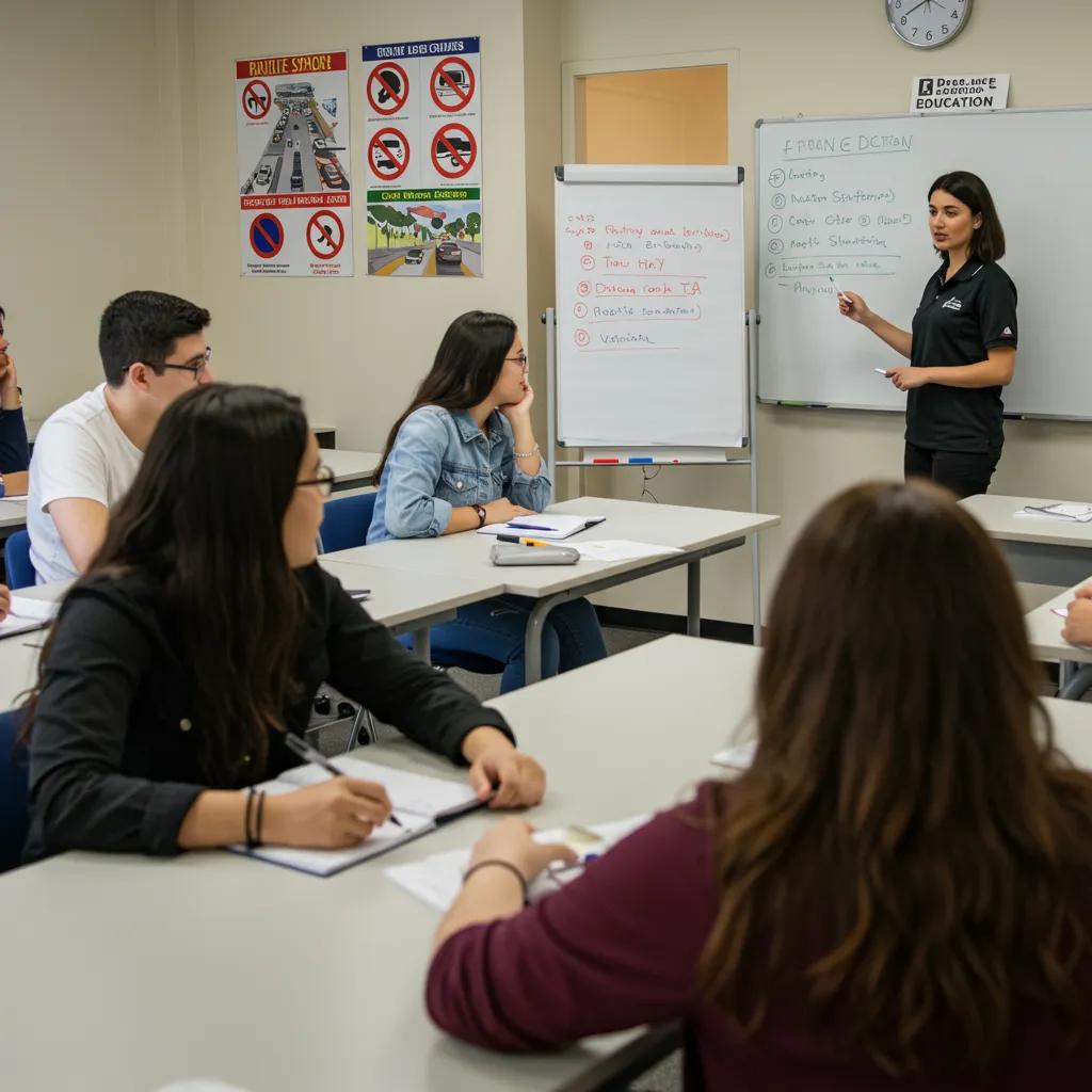 A diverse group of young adults actively participating in a driver's education class led by a certified instructor