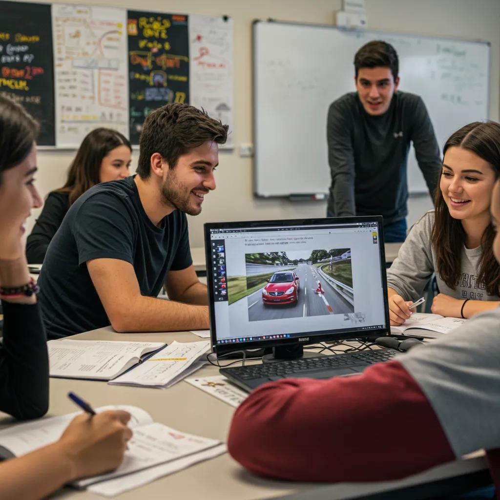 A diverse group of young adults actively participating in a driving education class within a bright, modern classroom setting