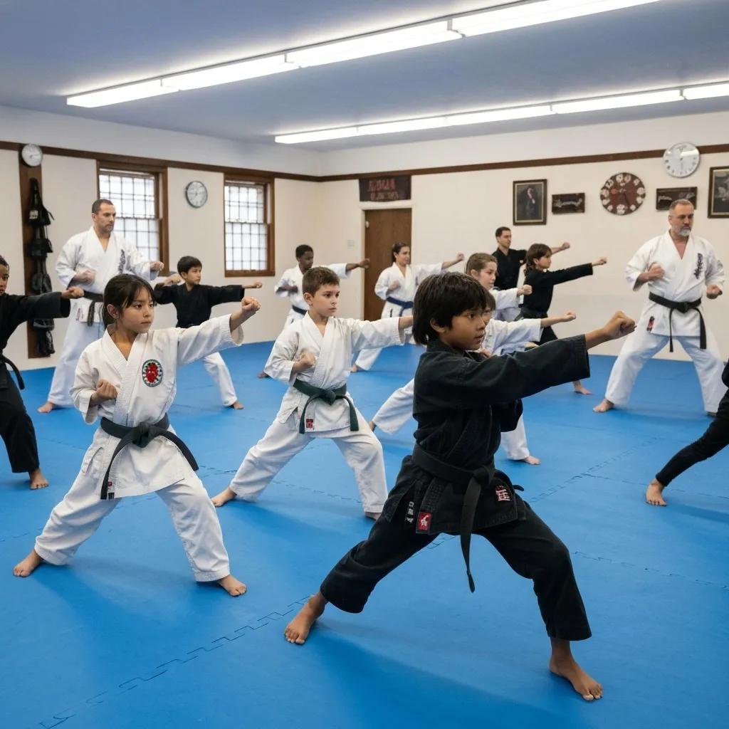 A diverse group of people practicing martial arts together in a dojo, emphasizing fitness and a strong sense of community.