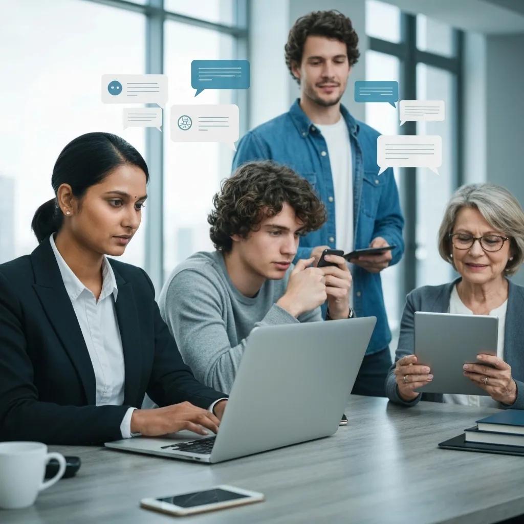 A diverse group of people interacting with AI chatbots on various devices, illustrating modern customer engagement A diverse group of people interacting with AI chatbots on various devices, illustrating modern customer engagement