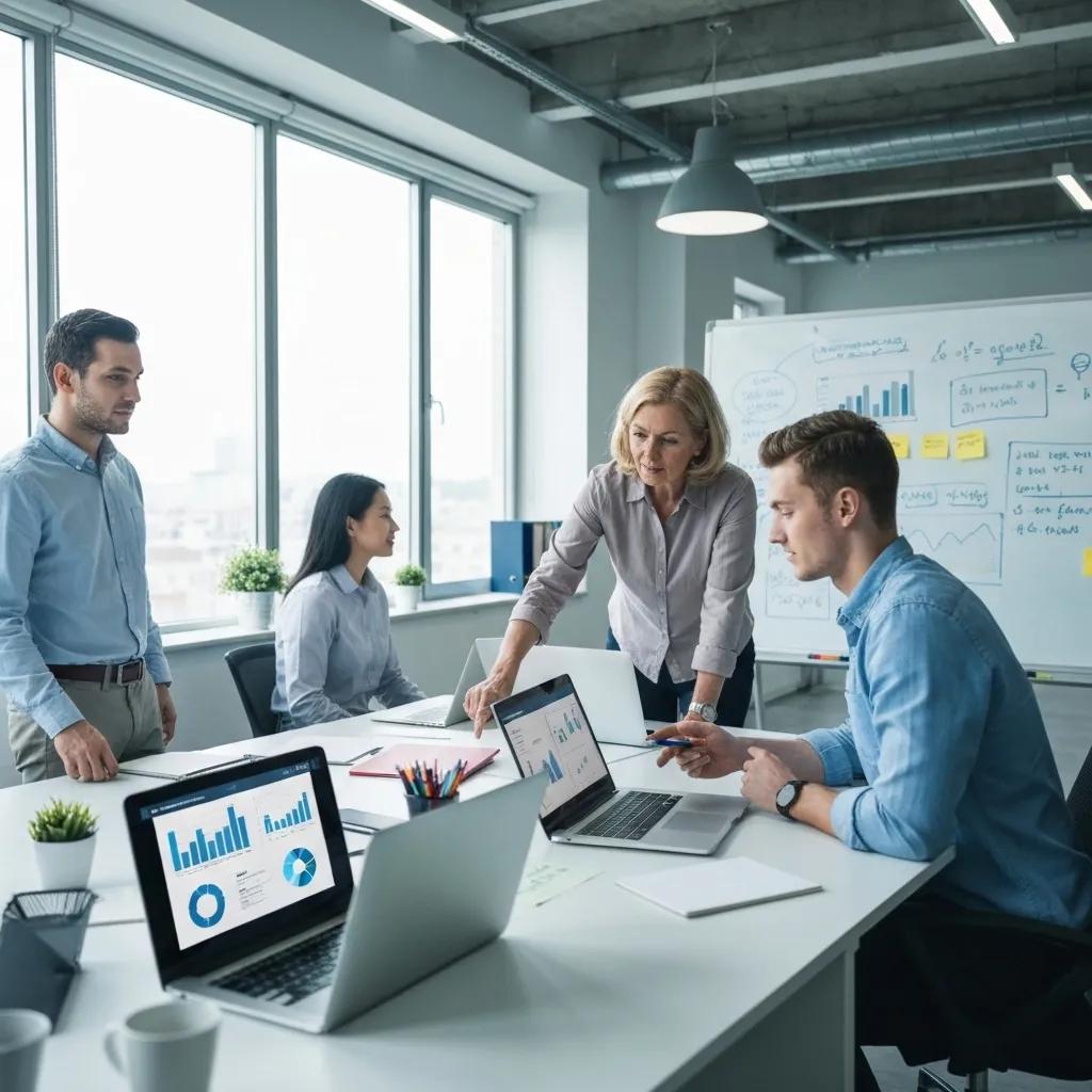 A dynamic team of professionals collaborating, brainstorming AI automation strategies in a modern, tech-forward office environment. A dynamic team of professionals collaborating, brainstorming AI automation strategies in a modern, tech-forward office environment.