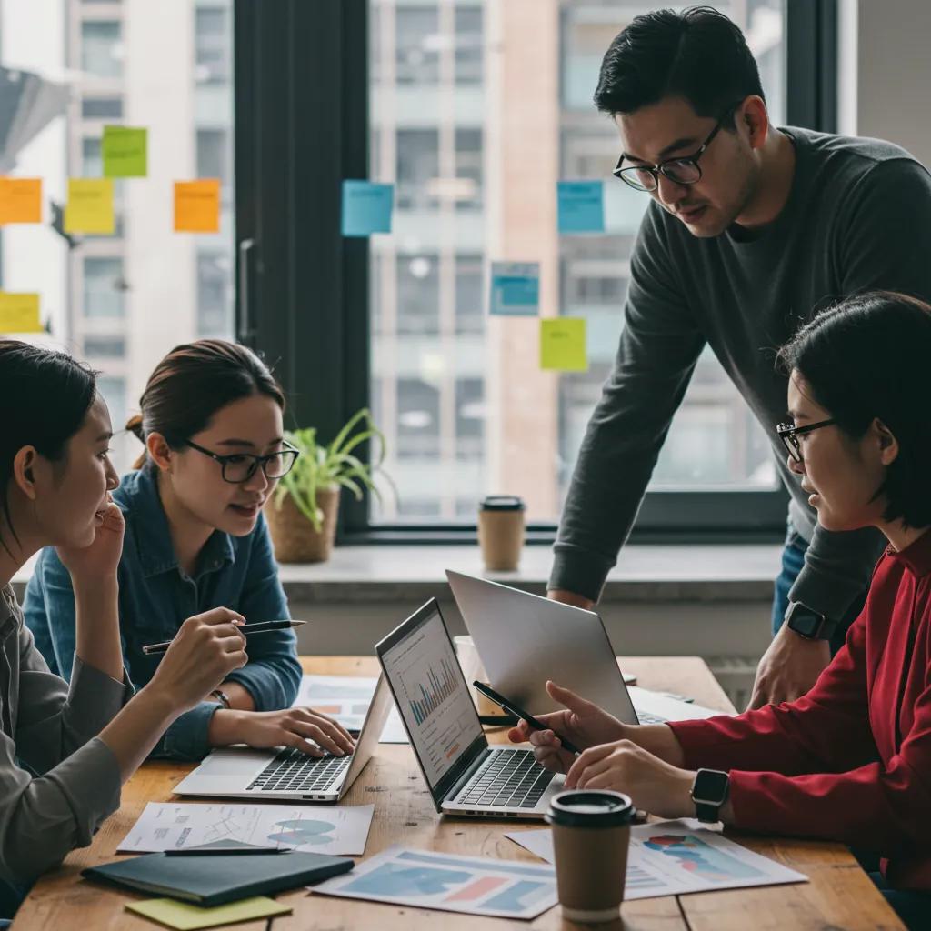 Diverse professionals collaborating on eCommerce PPC strategies in a modern office