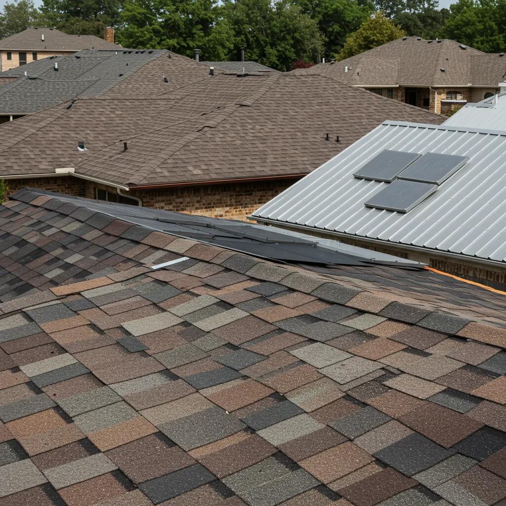 Diverse roofing materials displayed in a sunny Houston neighborhood, showcasing affordability and durability