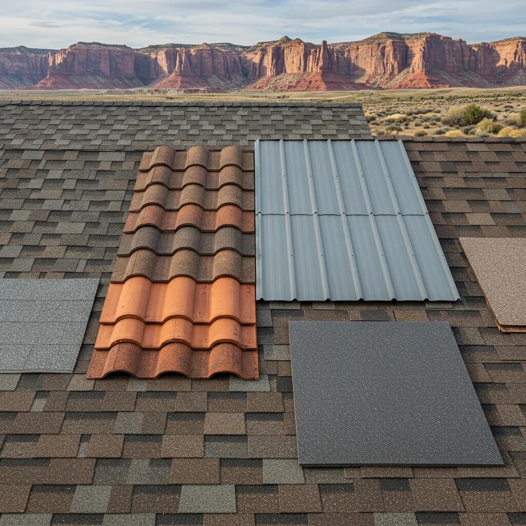 A variety of roofing materials suitable for Utah homes, including asphalt shingles, sleek metal panels, classic clay tiles, and durable TPO membranes
