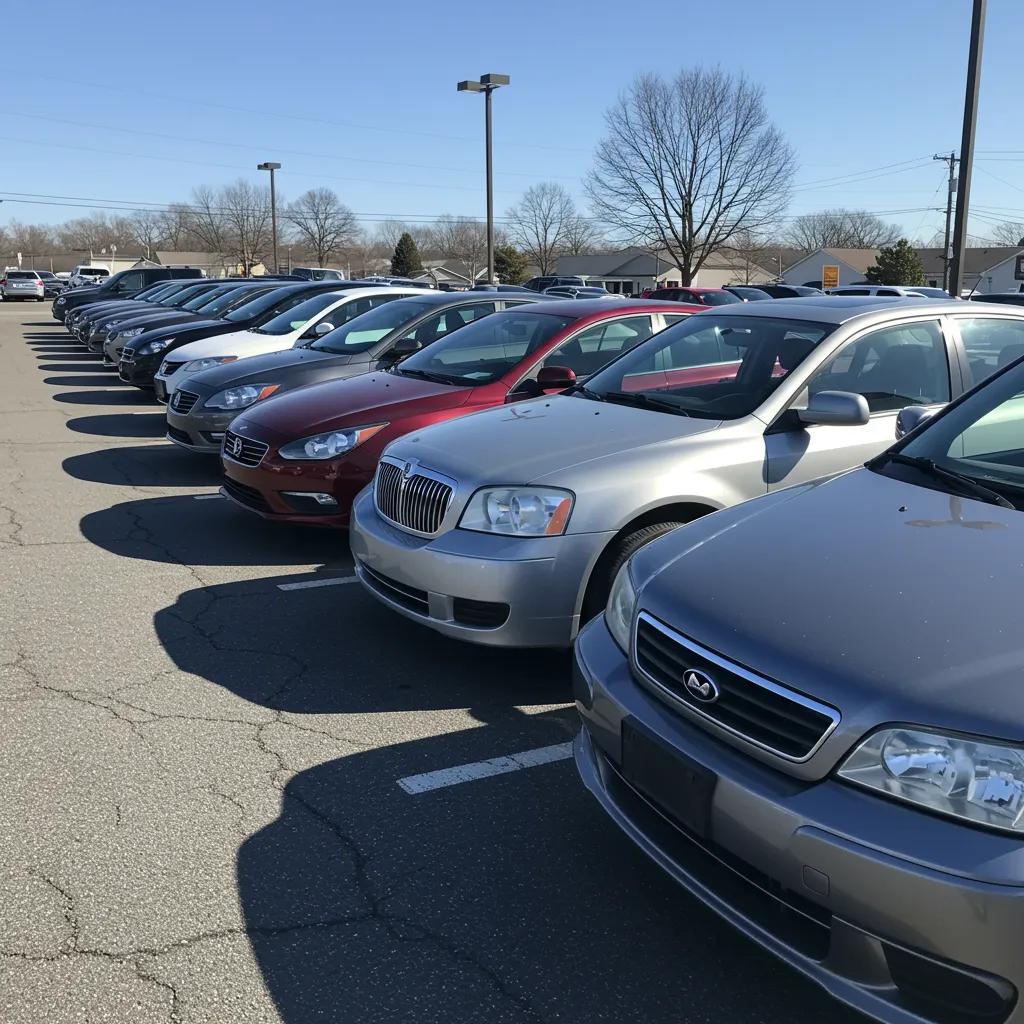 Diverse selection of used cars at a local dealership under a clear blue sky Diverse selection of used cars at a local dealership under a clear blue sky