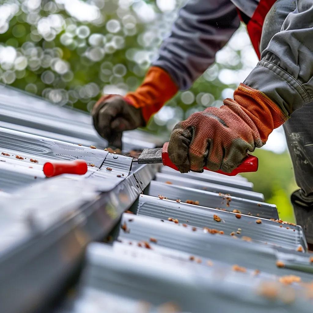 a comprehensive guide on how to repair a metal roof leak 2 Homeowner performing DIY repairs on a metal roof, focusing on tightening screws and applying sealant