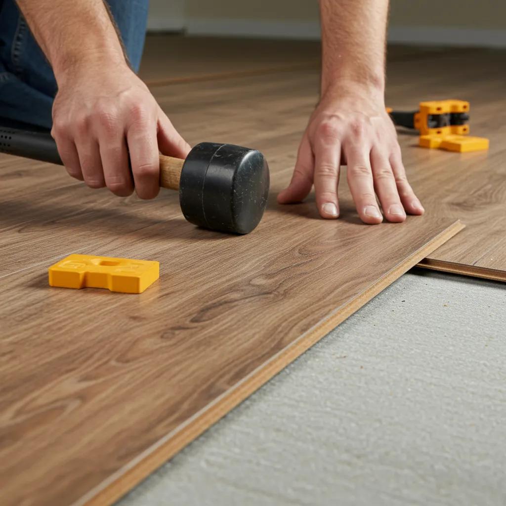 A DIY enthusiast easily fitting click-lock laminate flooring
