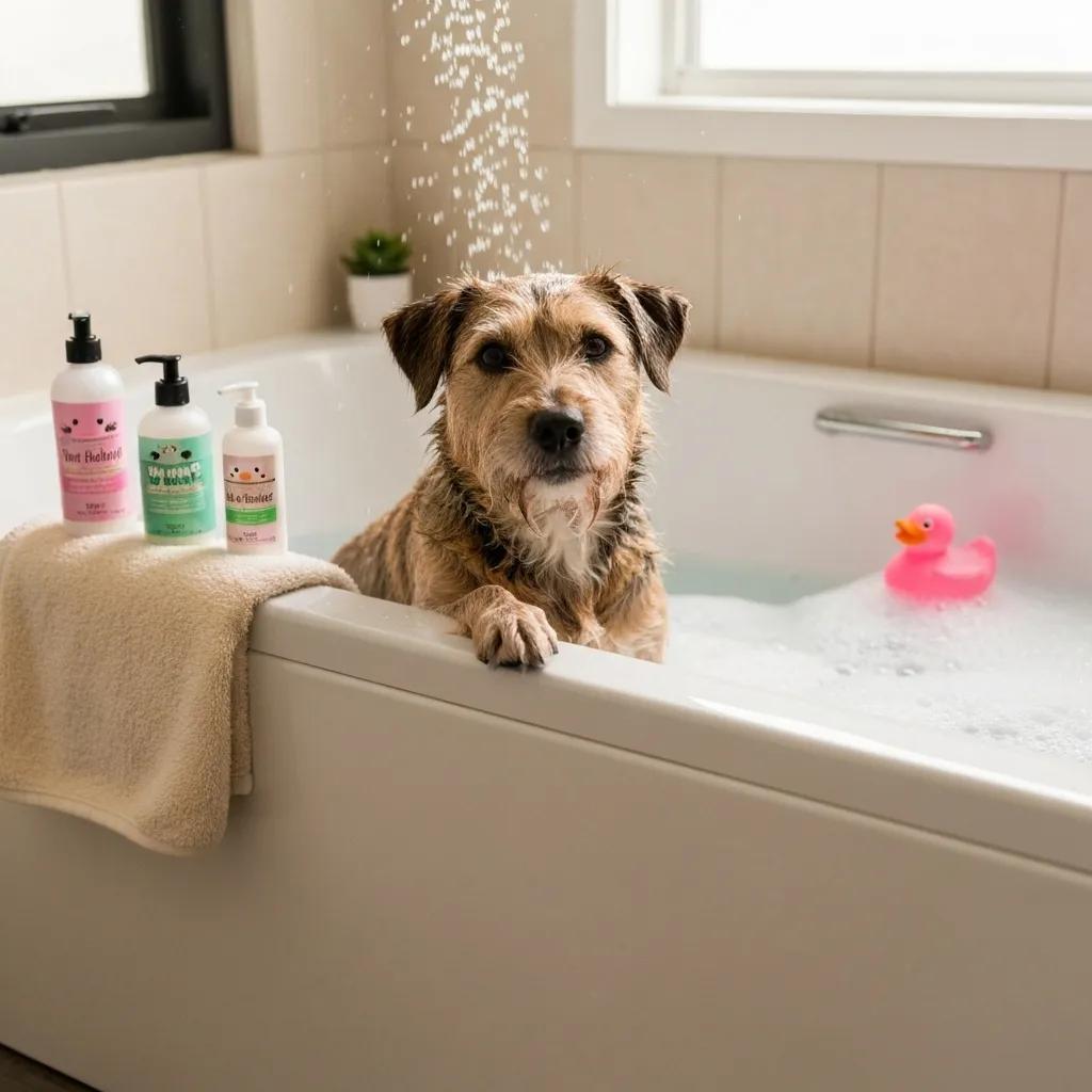 A dog happily taking a bath, illustrating effective dog bathing tips for maintaining a healthy coat