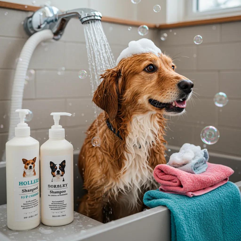 Dog enjoying a bath in a bright bathroom with shampoo and towels