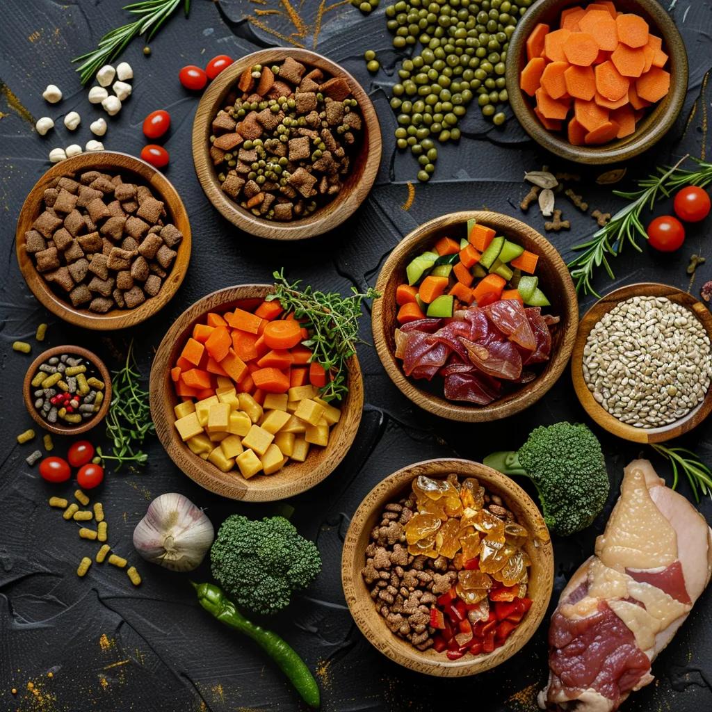 Variety of freeze-dried dog food options with fresh ingredients