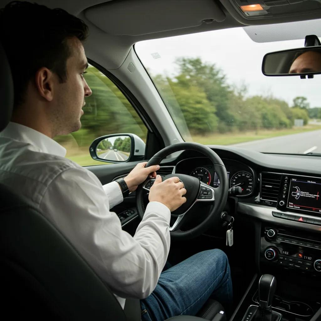 A driving instructor demonstrating safe driving techniques inside a vehicle, emphasizing awareness and accident prevention