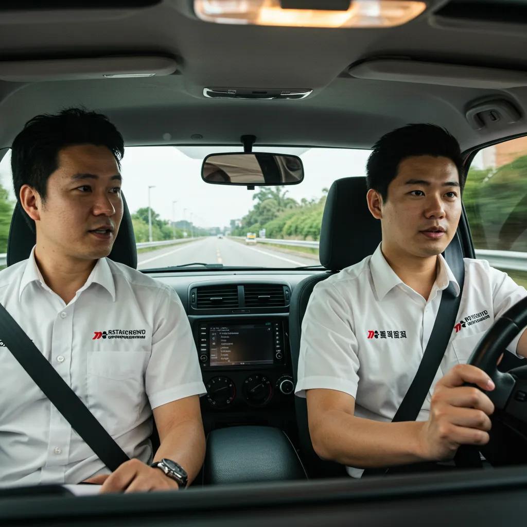 A driving instructor demonstrating defensive driving techniques to a student inside a car