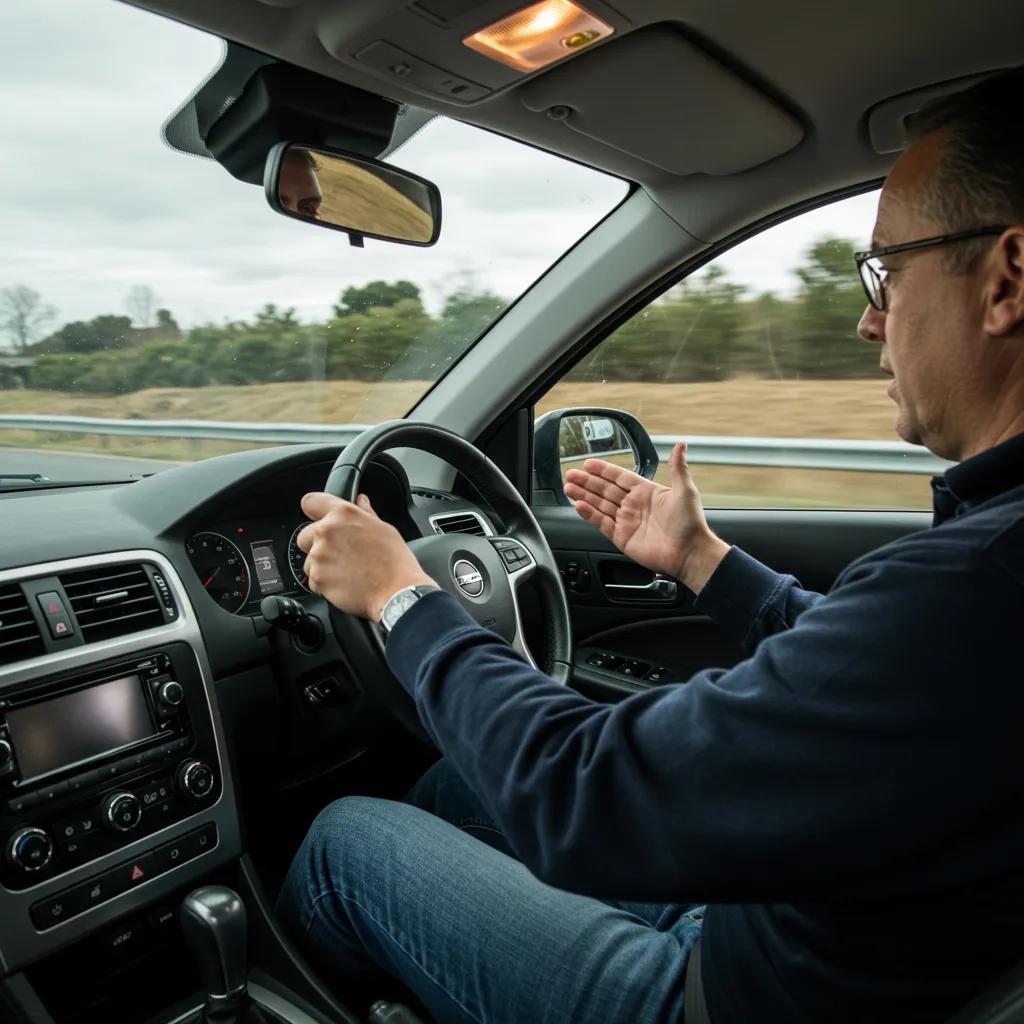 A driving instructor demonstrating defensive driving techniques to a student while inside a vehicle