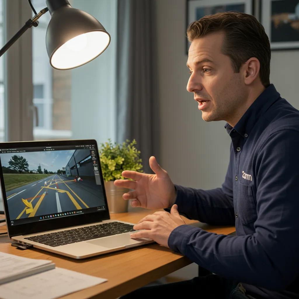 Driving instructor demonstrating emergency maneuvers during a live Zoom class, highlighting interactive learning