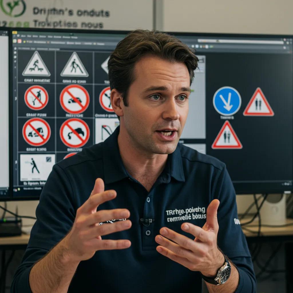 A friendly driving instructor engagingly explaining traffic laws to students in a virtual classroom setting, emphasizing interactive learning