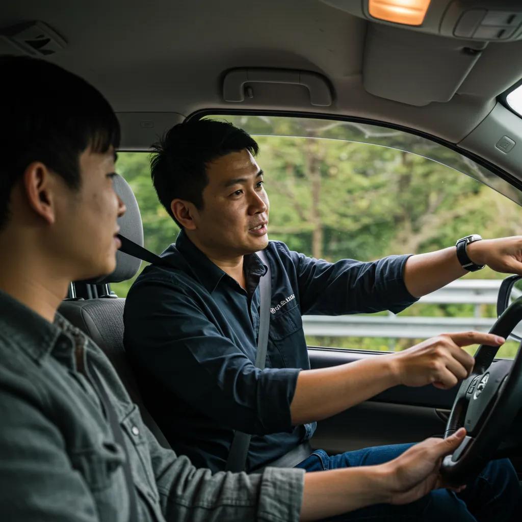 A driving instructor demonstrating defensive driving techniques to a student inside a car