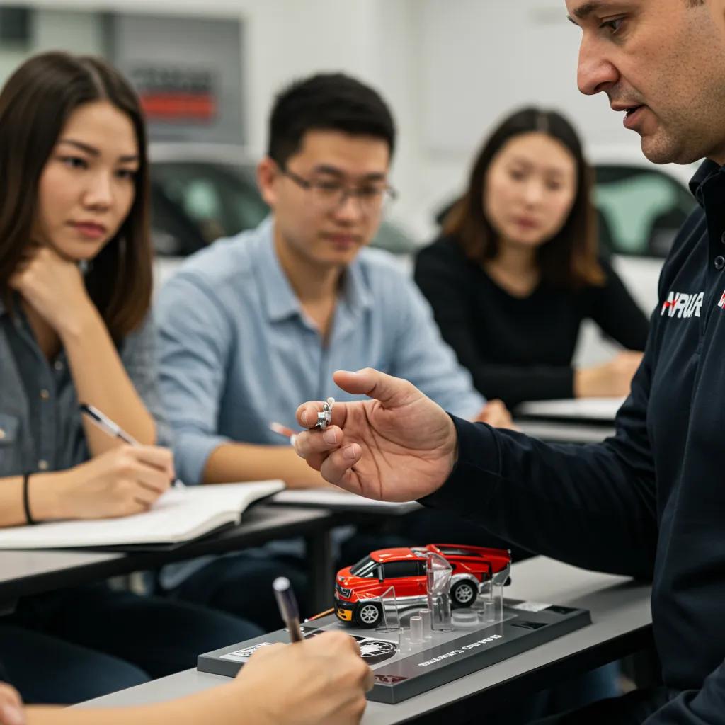A driving instructor engagingly teaching defensive driving techniques to students in a classroom setting