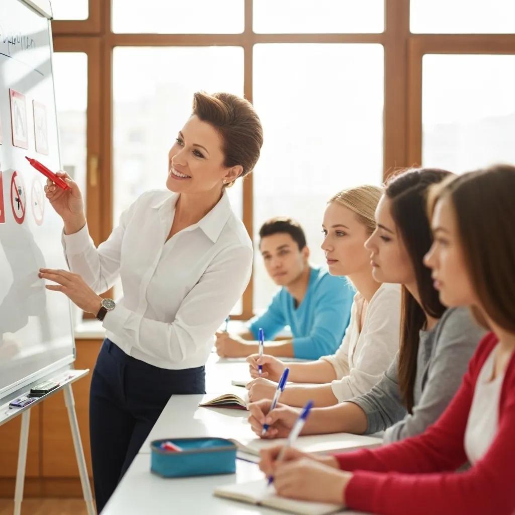 A driving instructor demonstrating traffic laws to students in a classroom setting, highlighting the educational content of the NY 5-Hour Pre-Licensing Course