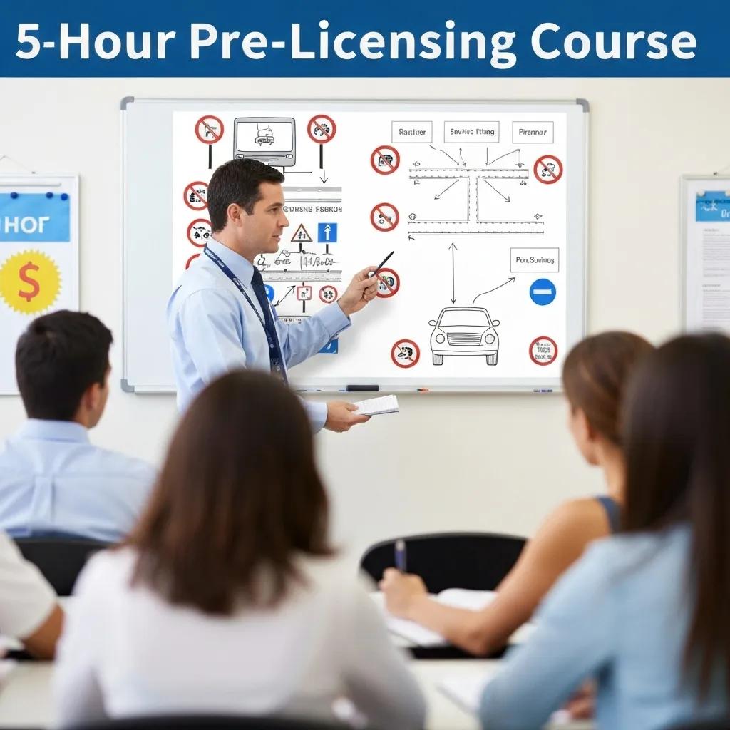 A driving instructor actively teaching traffic laws to students in a classroom, highlighting an engaging educational experience