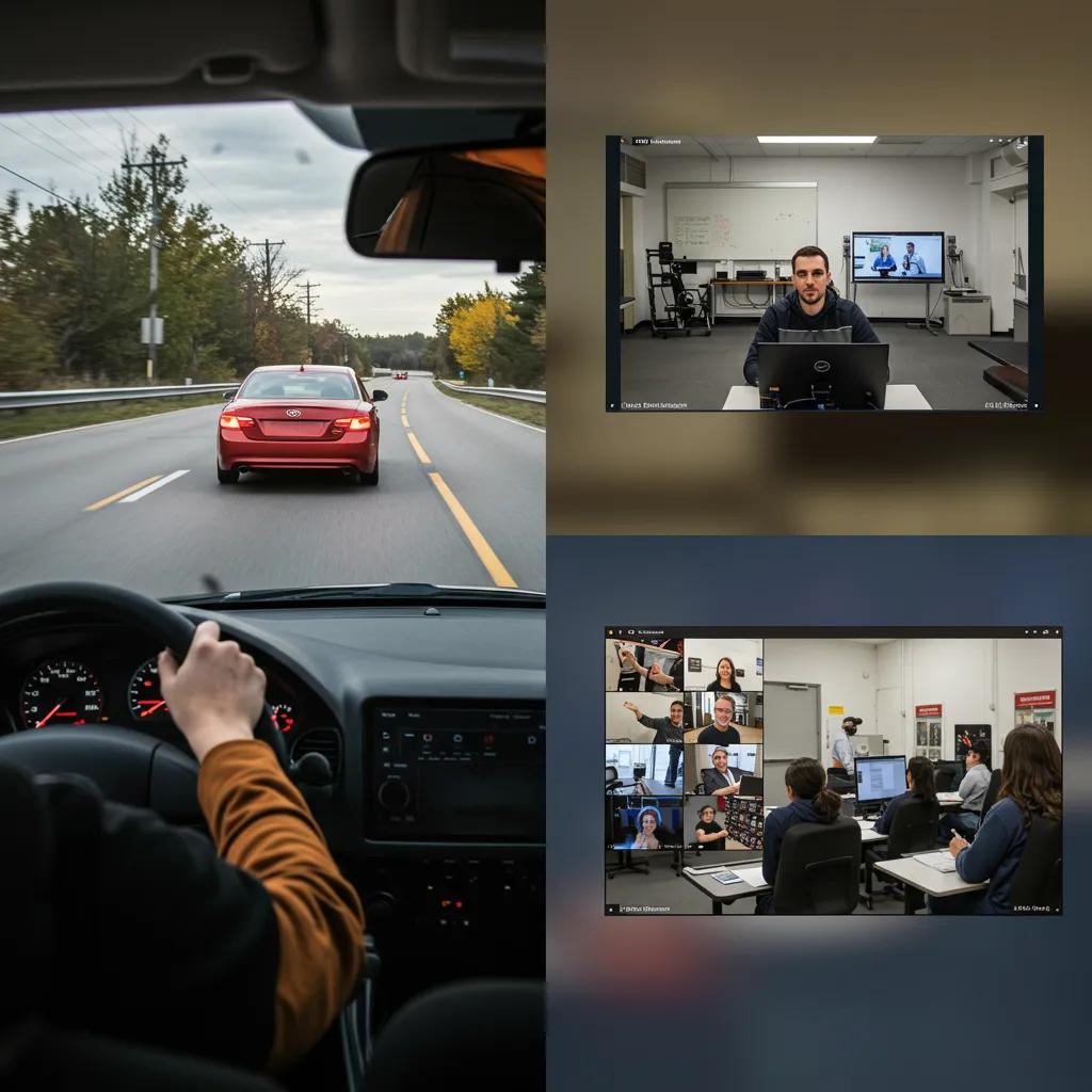 Driving scenarios illustrating defensive driving techniques and online classroom instruction