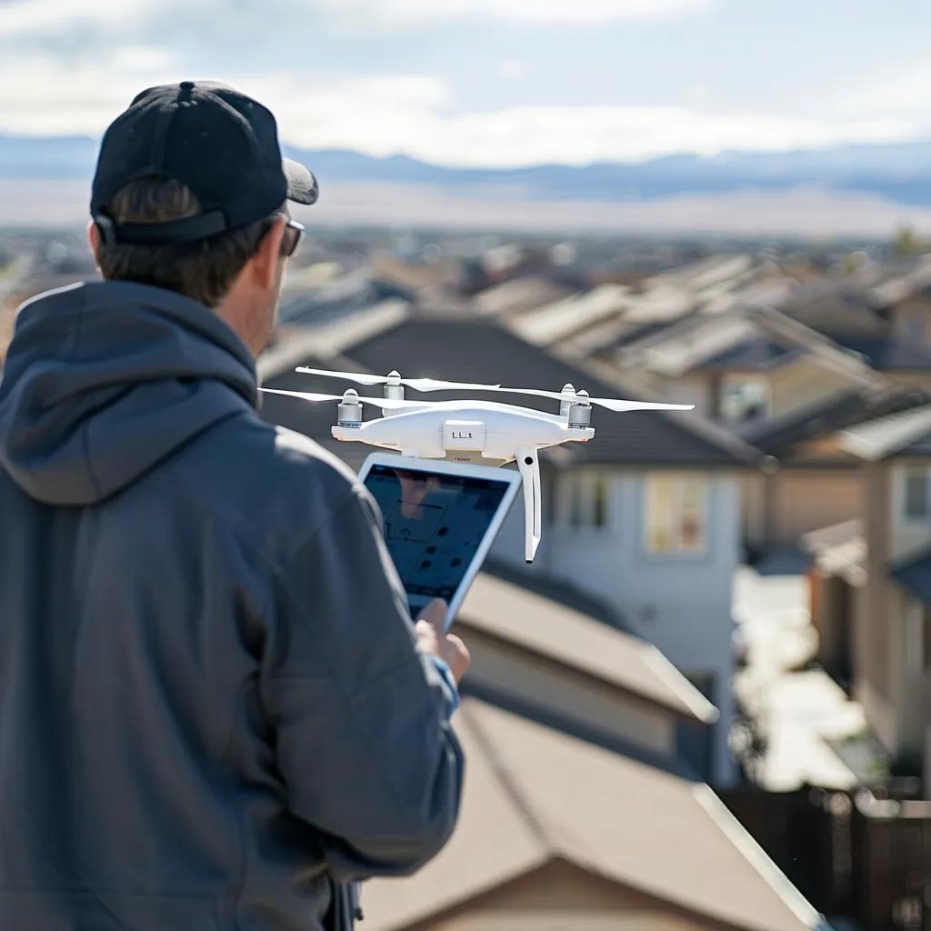 Roofing inspector using a drone to assess roof condition from above