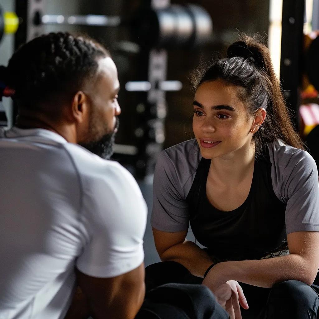 Personal trainer consulting with a client in a gym, focusing on personalized fitness plans
