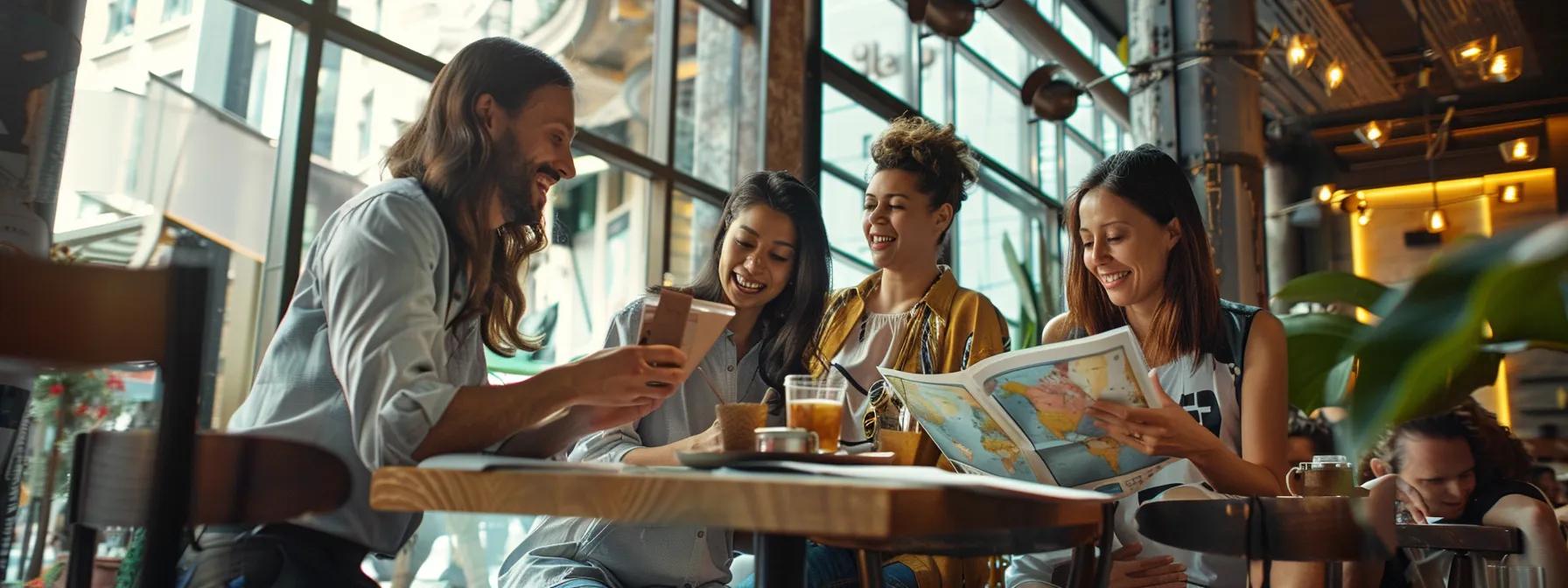 a dynamic urban adventure scene showcases a group of diverse friends eagerly planning their thrilling labor day getaway at a stylish café, with maps and itineraries spread across a sleek table and vibrant city life bustling in the background.