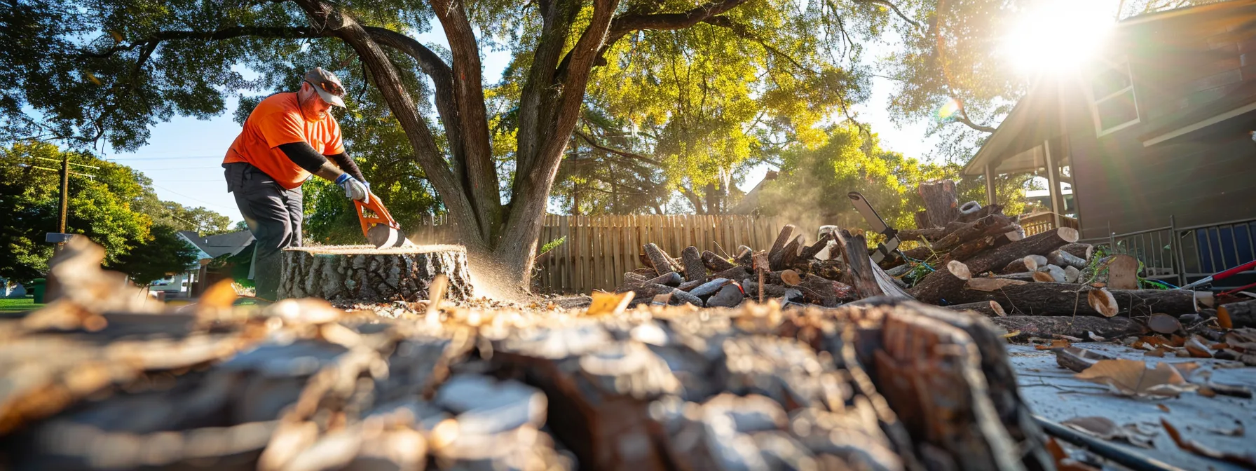 homeowner finalizing stump grinding service schedule with service provider.