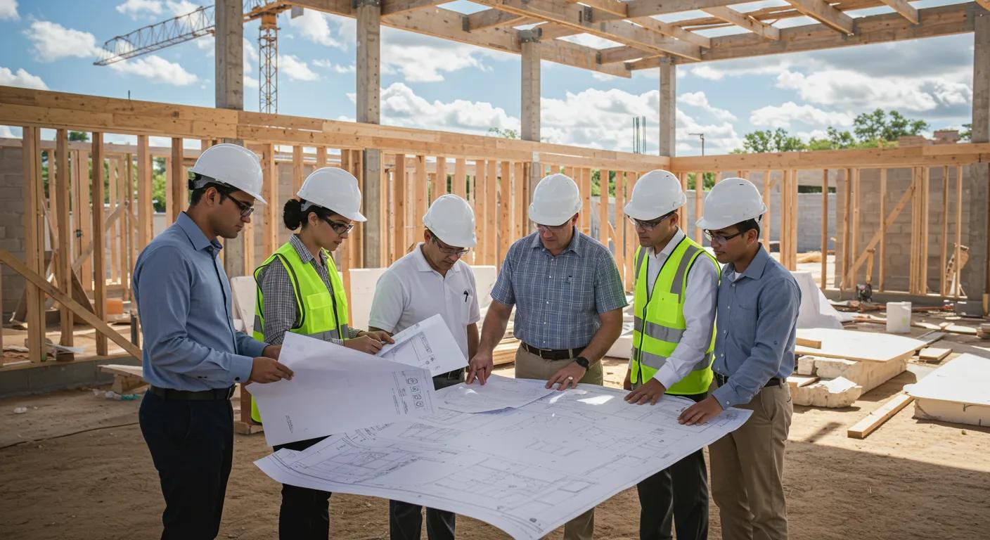 a modern construction site bustling with professionals reviewing blueprints and checklists, surrounded by partially erected frameworks, highlighting the importance of meticulous planning and compliance in home building. a modern construction site bustling with professionals reviewing blueprints and checklists, surrounded by partially erected frameworks, highlighting the importance of meticulous planning and compliance in home building.
