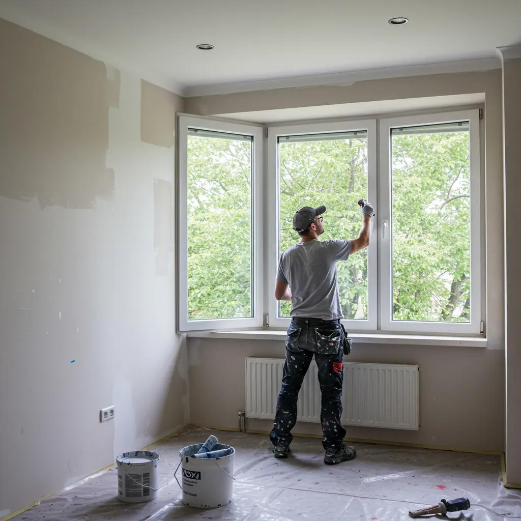 Painter in a well-ventilated room with open windows during an interior painting project Painter in a well-ventilated room with open windows during an interior painting project