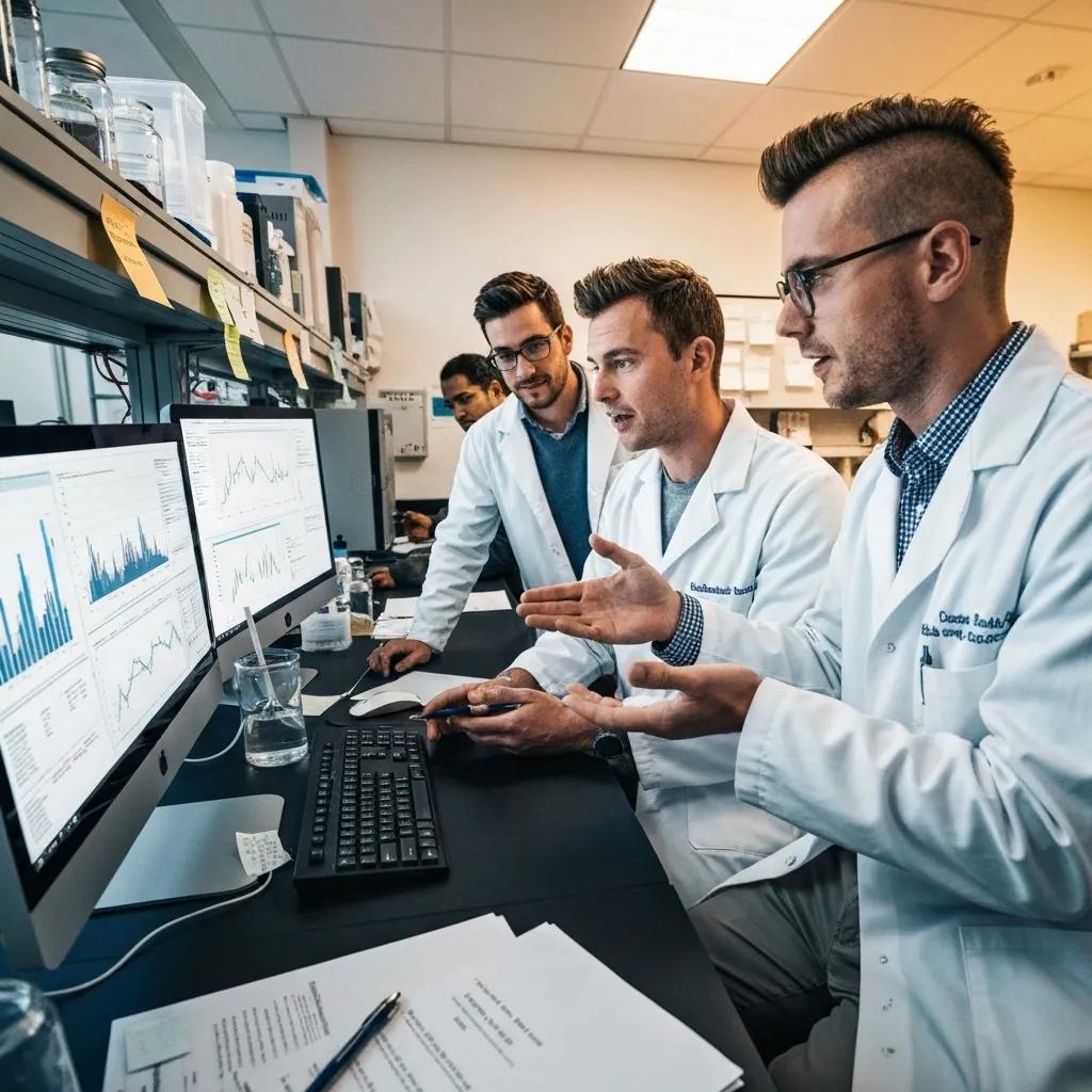 Researchers collaborating in a lab discussing Cagrilintide applications in obesity and diabetes research