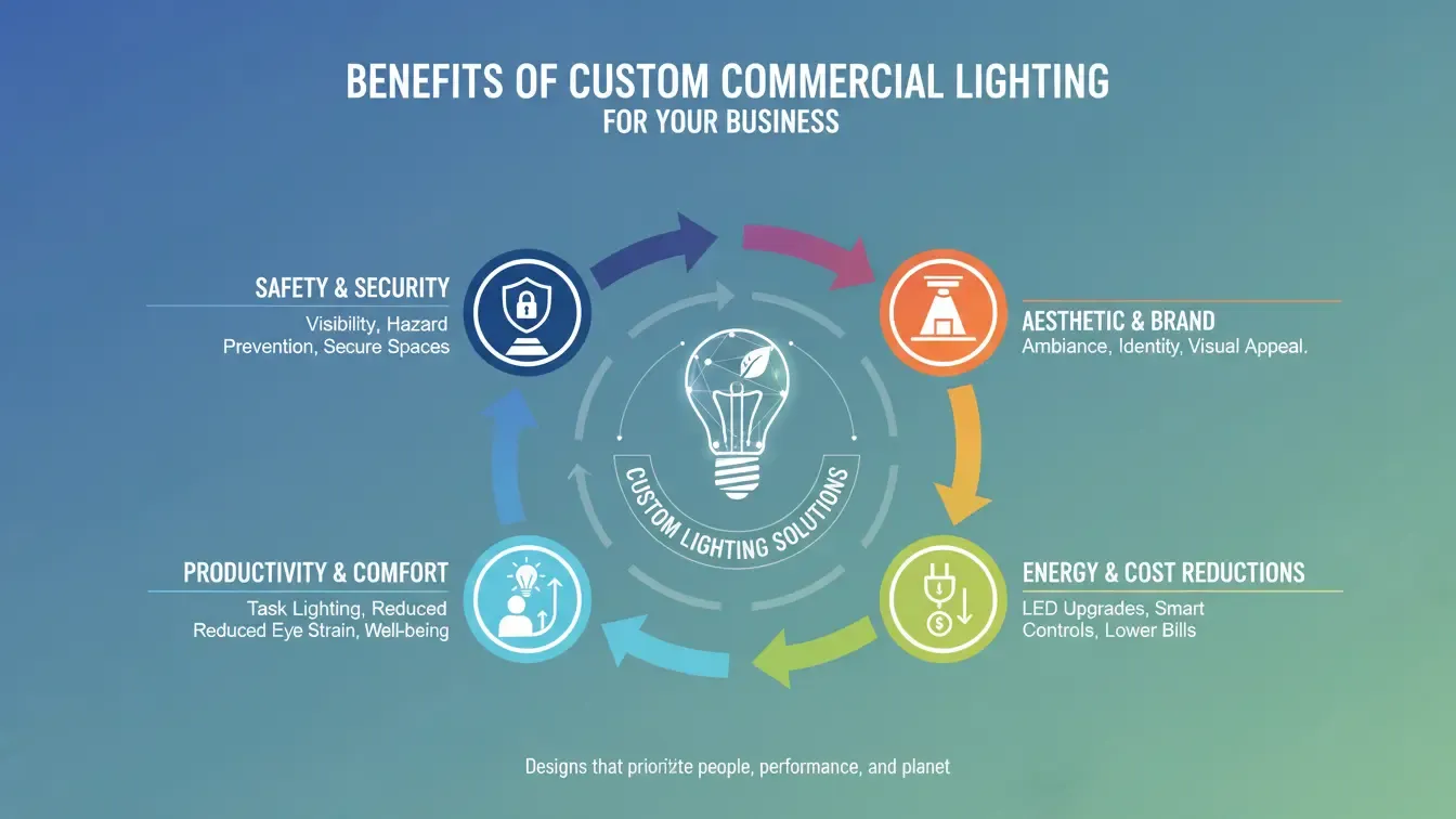 Infographic showing benefits of custom commercial lighting including safety, branding, energy savings, and productivity