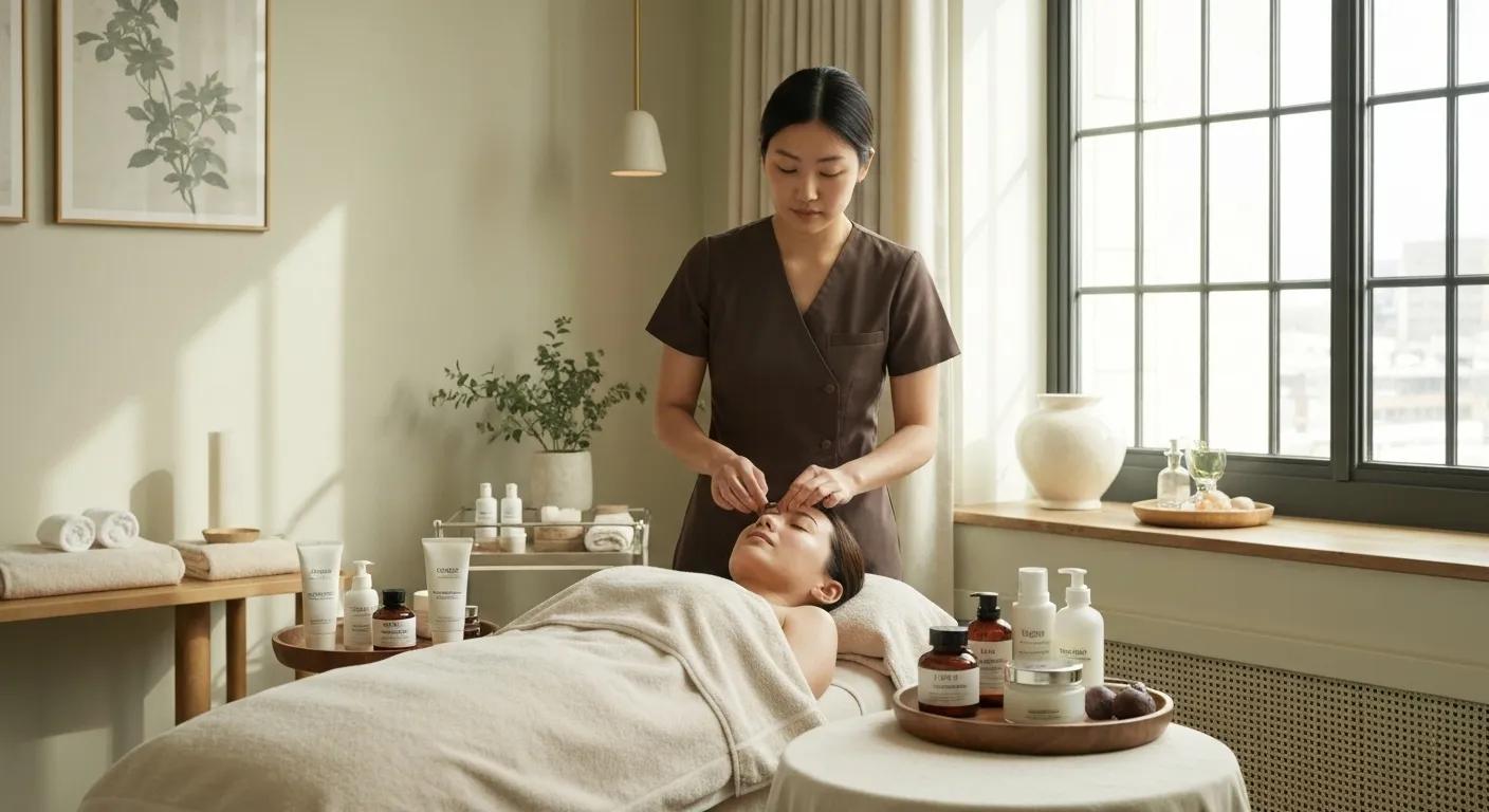Organic facial treatment setup in a serene NYC spa, highlighting seasonal skincare products