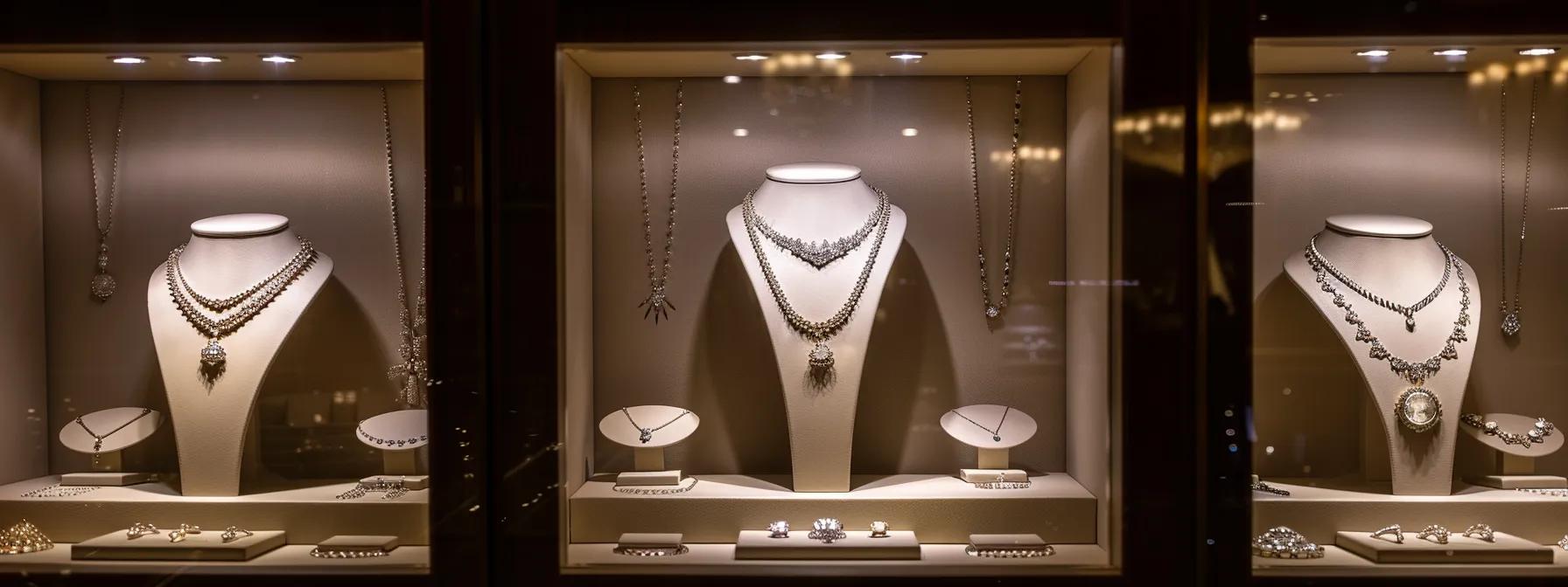 an elegant jewelry display featuring a collection of gleaming hypoallergenic necklaces under soft studio lighting, emphasizing the intricate craftsmanship and quality, set within a sophisticated retail environment.