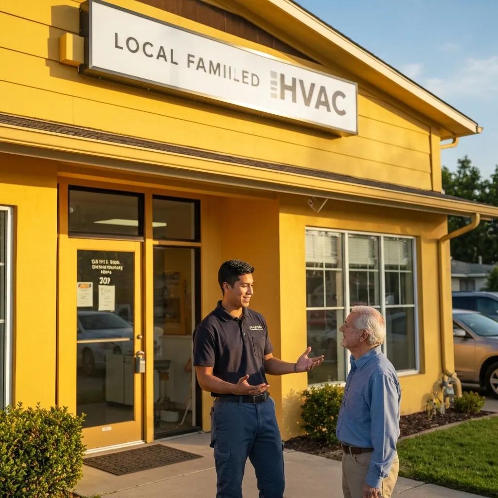 Local HVAC business storefront with technician and customer interaction