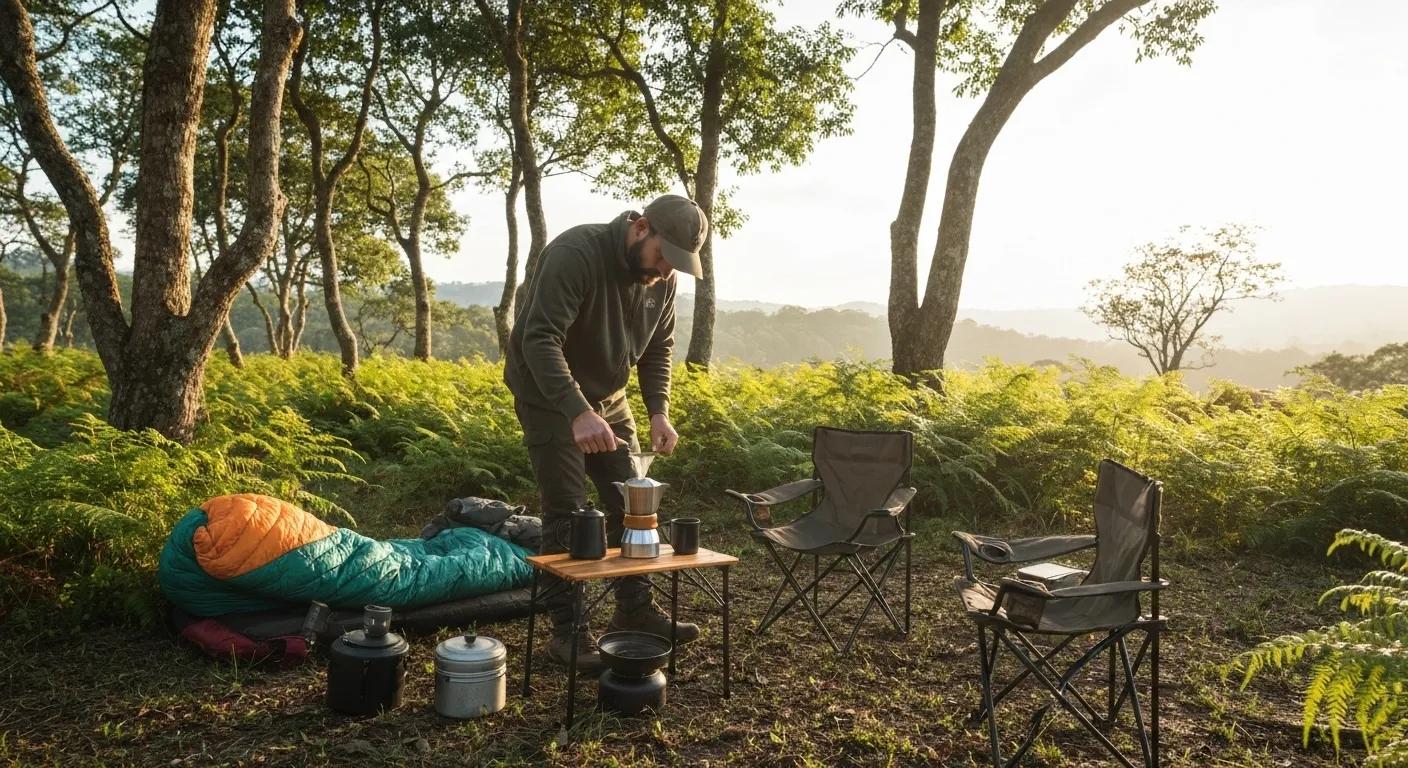 Person brewing coffee outdoors with a portable manual brewer, surrounded by nature and camping gear