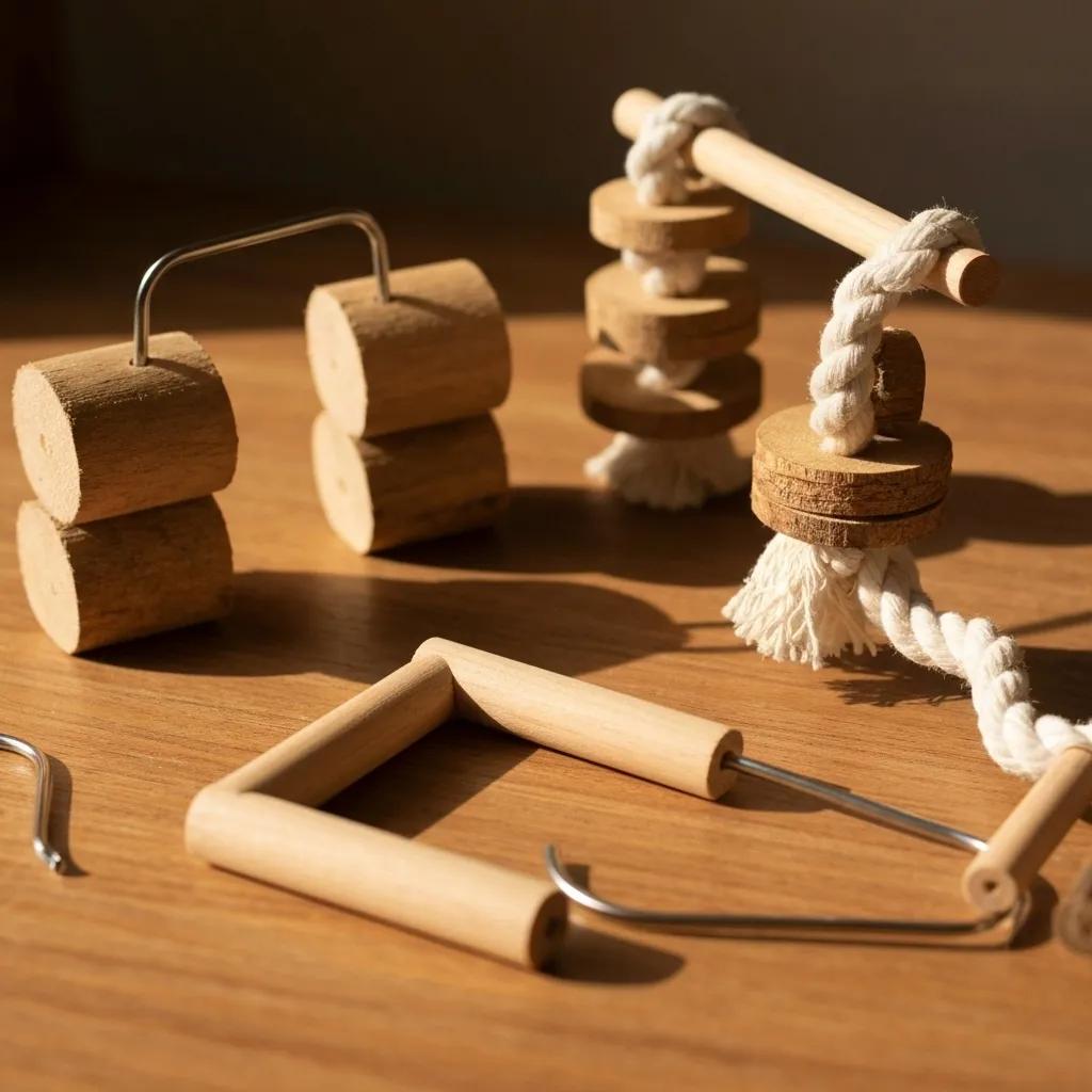 Display of safe bird toy materials like untreated wood and organic cotton rope on a wooden surface