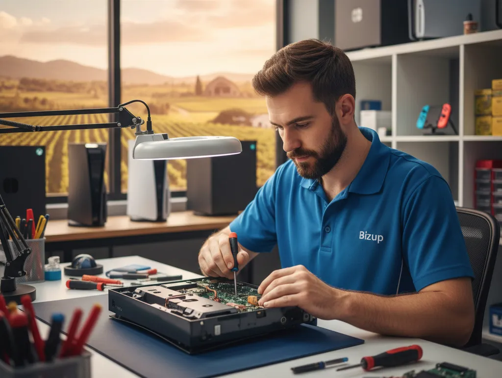 Technician in blue Bizup polo repairing gaming console with tools on desk, bright workshop setting with consoles in background, symbolizing expert gaming console repairs in Griffith.
