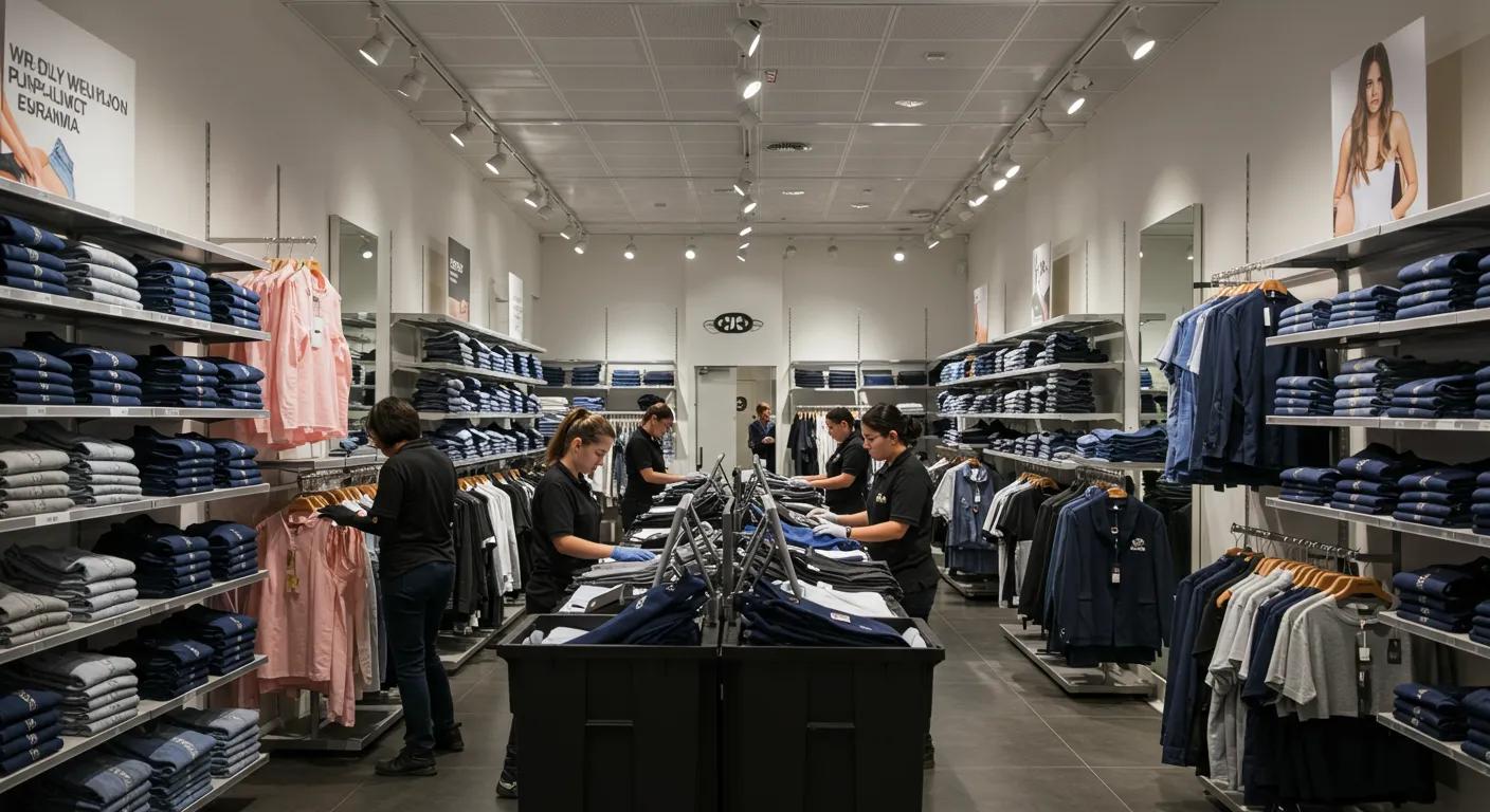 a sleek, modern apparel retail store interior showcases a dedicated team of employees utilizing rfid technology to perform inventories, surrounded by neatly organized merchandise racks.. a sleek, modern apparel retail store interior showcases a dedicated team of employees utilizing rfid technology to perform an RFID retail inventory, surrounded by neatly organized merchandise racks..