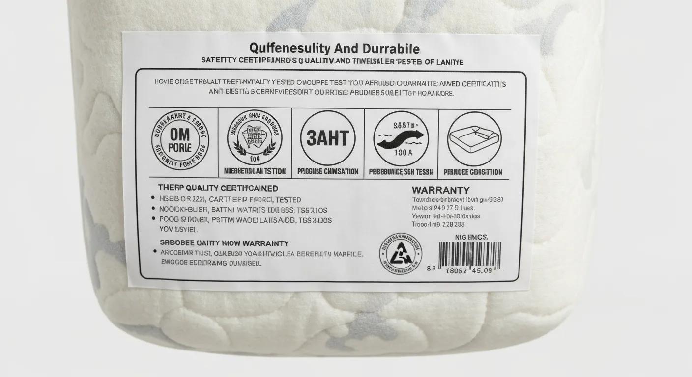 Close-up of a mattress label displaying quality certifications and warranty details, emphasizing safety and durability