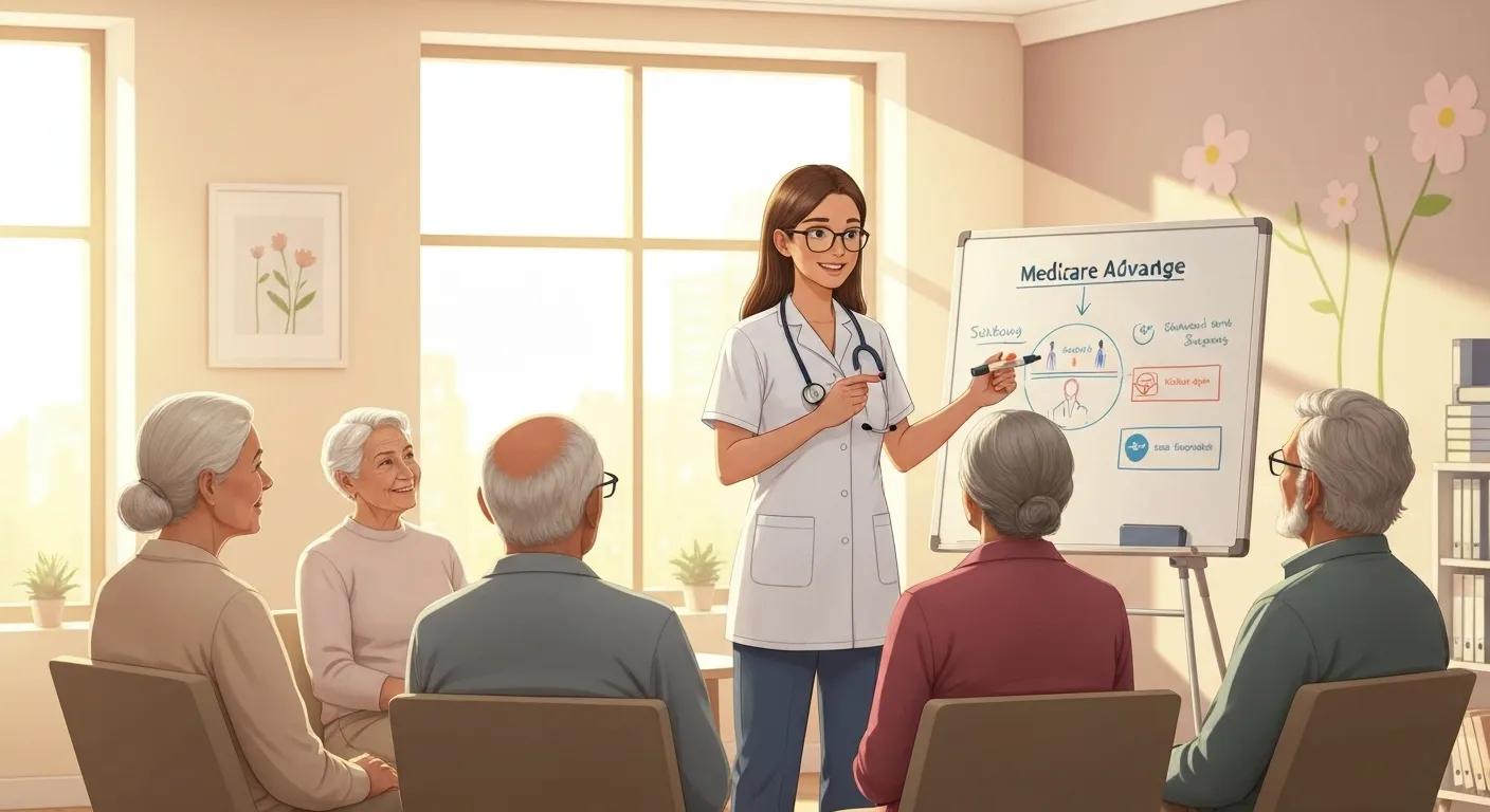 Healthcare professional explaining medicare advantage benefits to seniors in a clinic