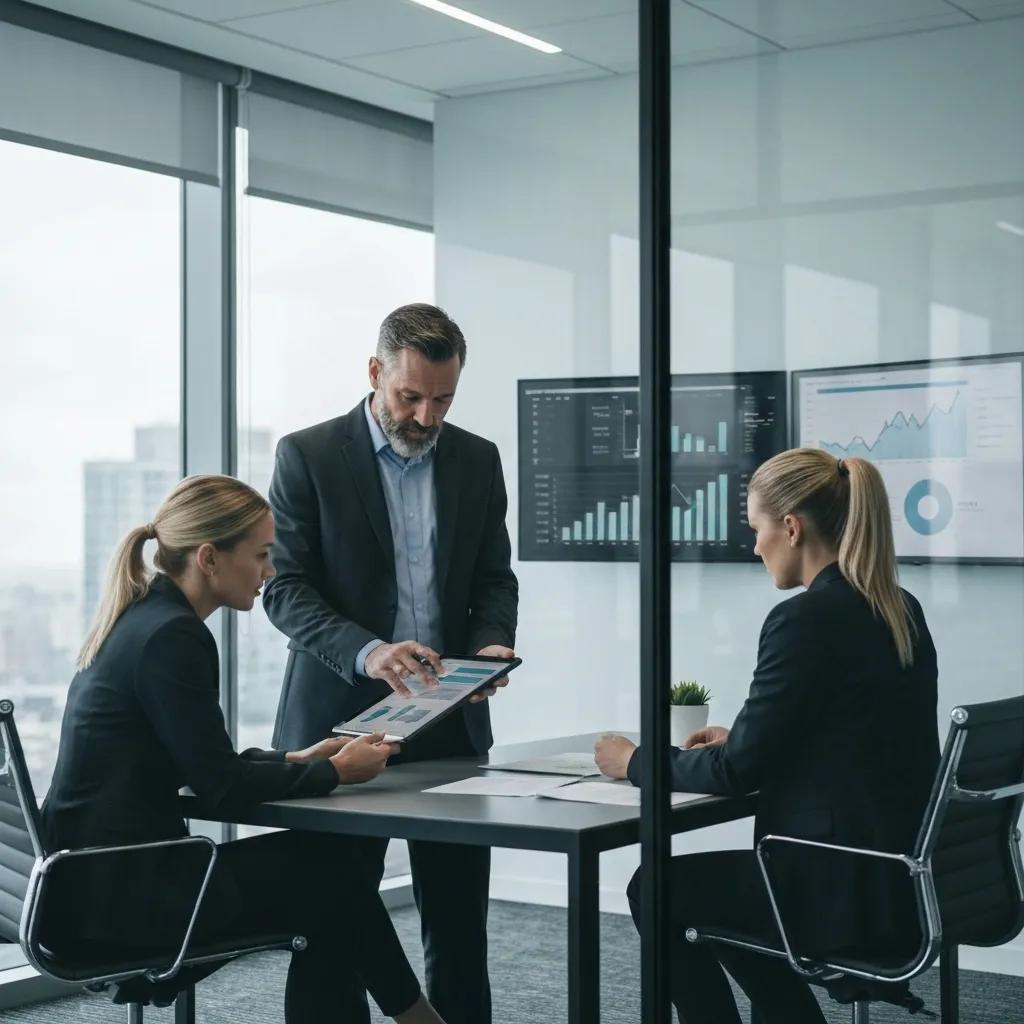 Private investigator presenting detailed corporate investigation findings to a client in a professional office setting