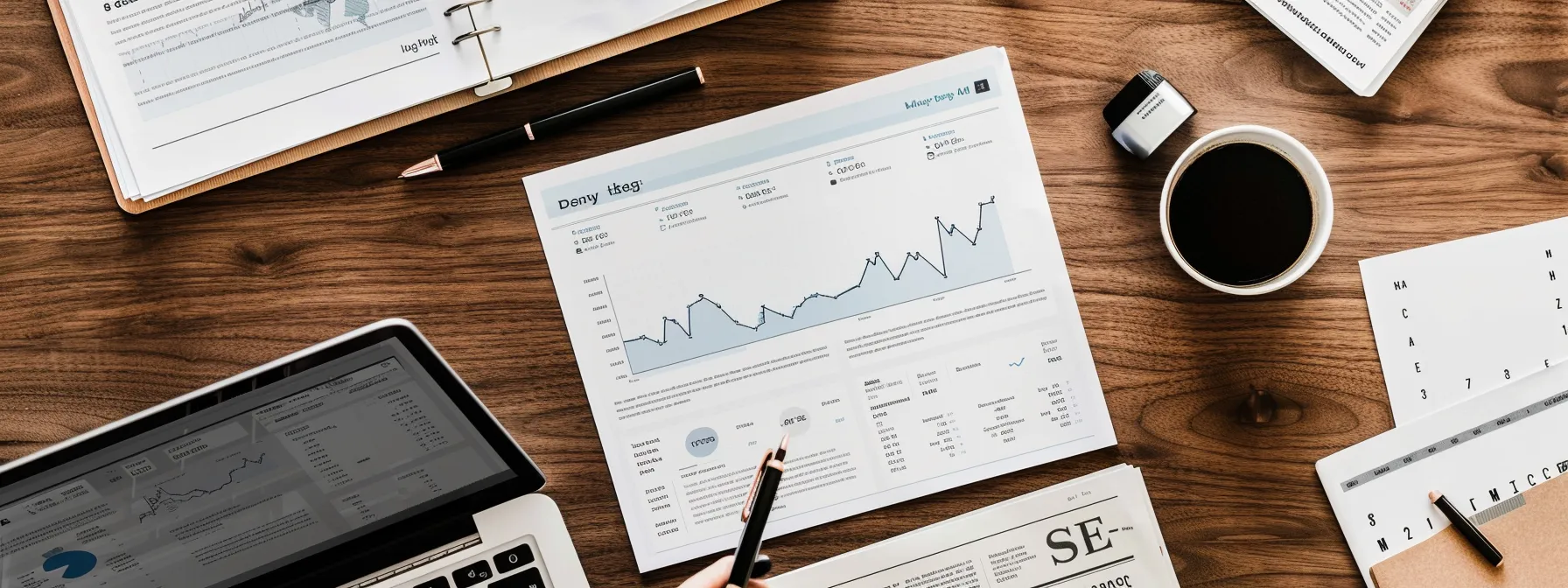 a laptop screen displaying a detailed seo strategy blueprint for a saas startup, surrounded by notebooks and charts, showcasing a meticulous approach to organic growth and market positioning.