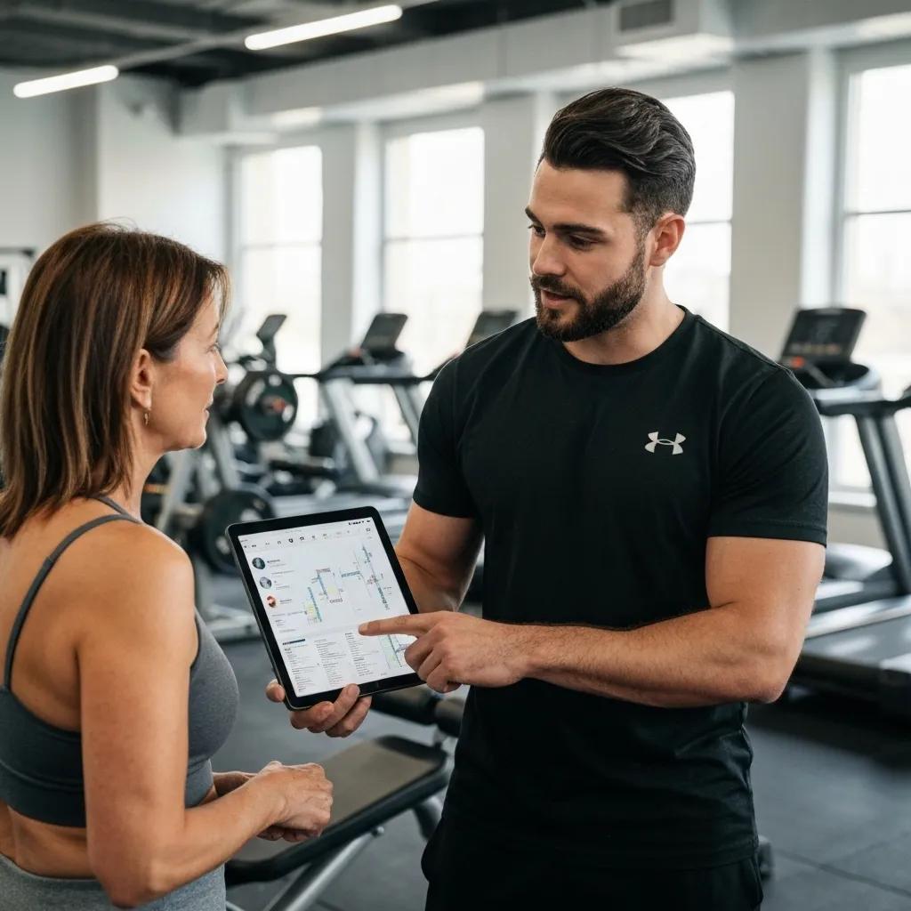 Personal trainer discussing a personalized workout plan with a client in a gym setting