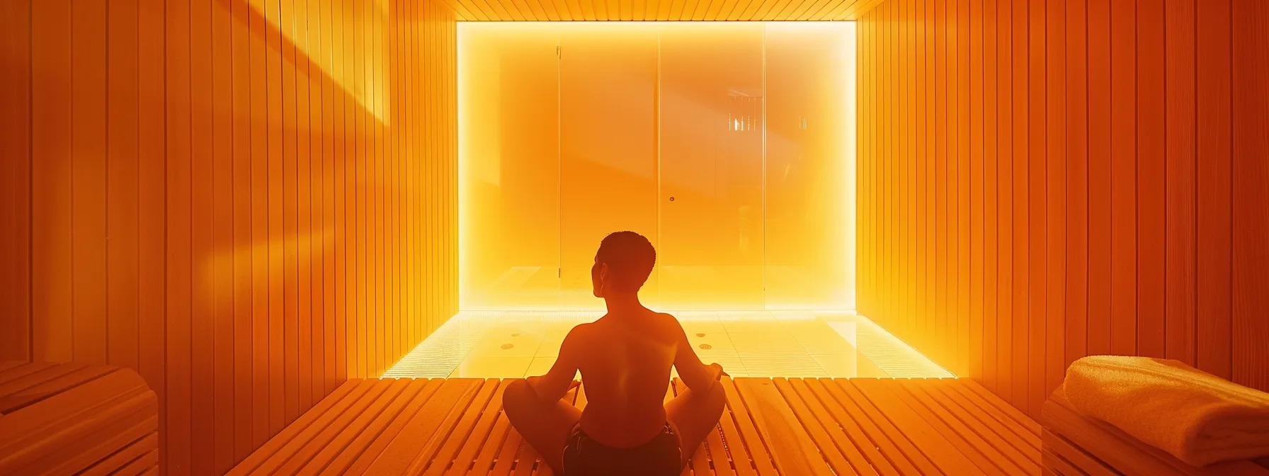 a person in a sunlighten sauna, surrounded by soothing infrared light.