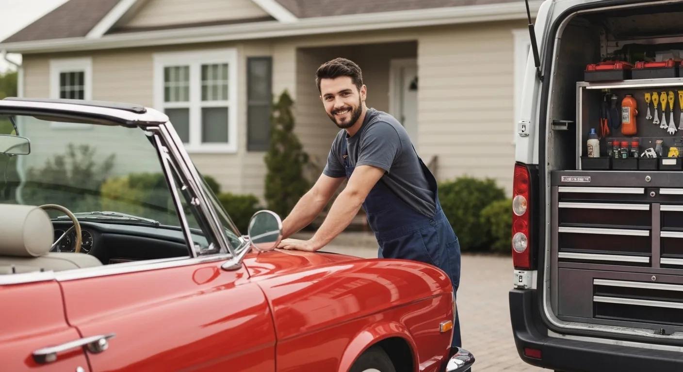 A mobile mechanic performing service on a car at a customer's home, illustrating the convenience of mobile car repair services.
