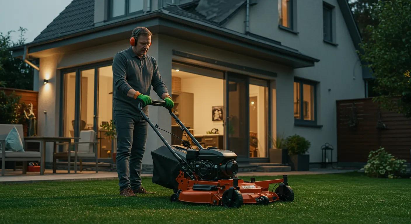 a concerned homeowner stands in a modern, well-organized backyard, observing a professional lawn care worker operating a powerful mower, highlighting the importance of ensuring proper insurance and safety measures in lawn mowing services.