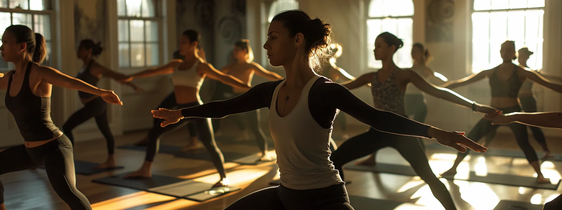 a group of individuals engaged in synchronized pilates movements, focusing intently on their form and breathing.